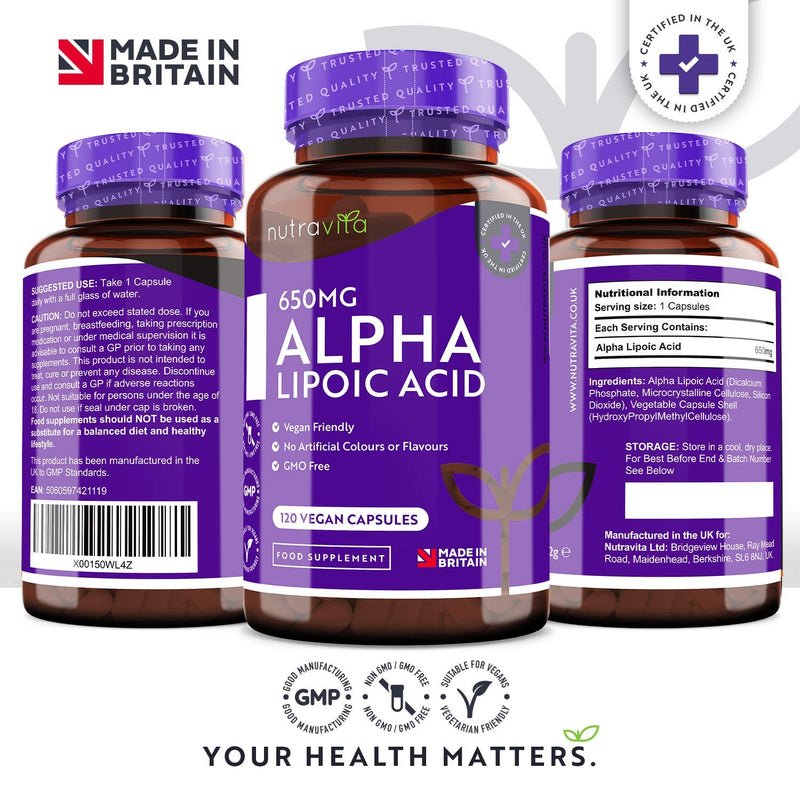 [Australia] - Alpha Lipoic Acid 650mg – 120 High Strength Vegan-Friendly Capsules – 100% Natural, No Synthetic Binders or Fillers – 4 Month Supply – Made in The UK by Nutravita 