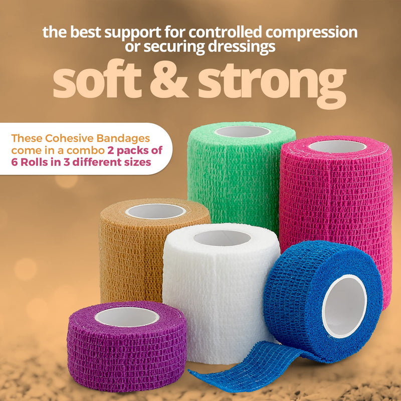 [Australia] - Self Adherent Cohesive Tape Rolls - Pack of 12-1" 2" 3"x5 Yards Combo Pack, Self Adhesive Bandage Rolls & Sports Athletic Wrap for Ankle, Wrist, Sprains and Swelling, Vet Wraps (Bright Neon Colors) 