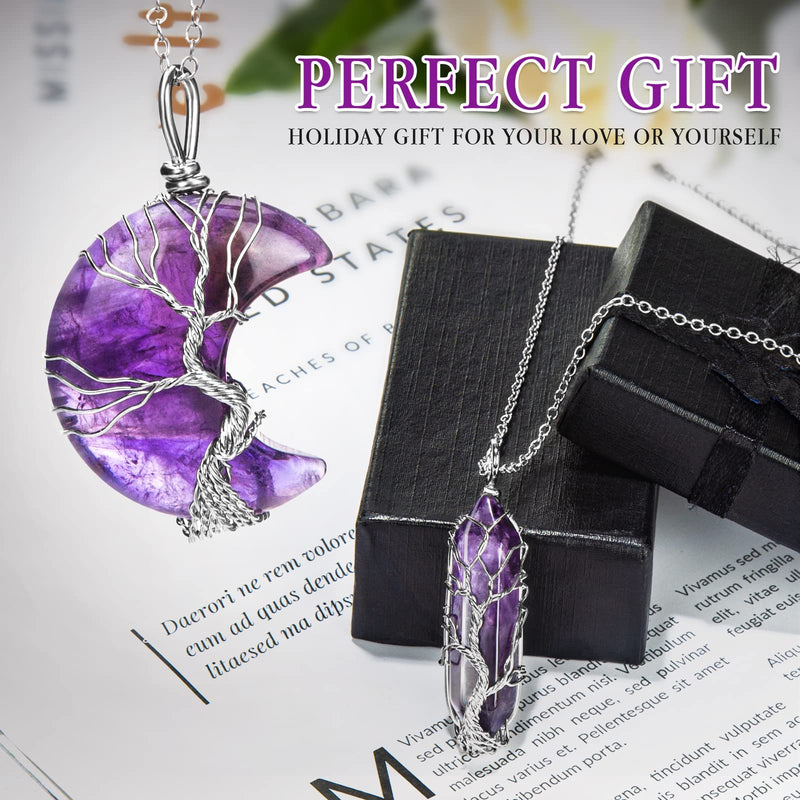 [Australia] - Amethyst Healing Crystal Necklace Silver Wire Wrapped Crescent Moon Pendant & Double Pointed Hexagonal Prime Crystal Quartz Stone Reiki Gemstone Chakra Jewelry for Women Valentine's Day Gift A 