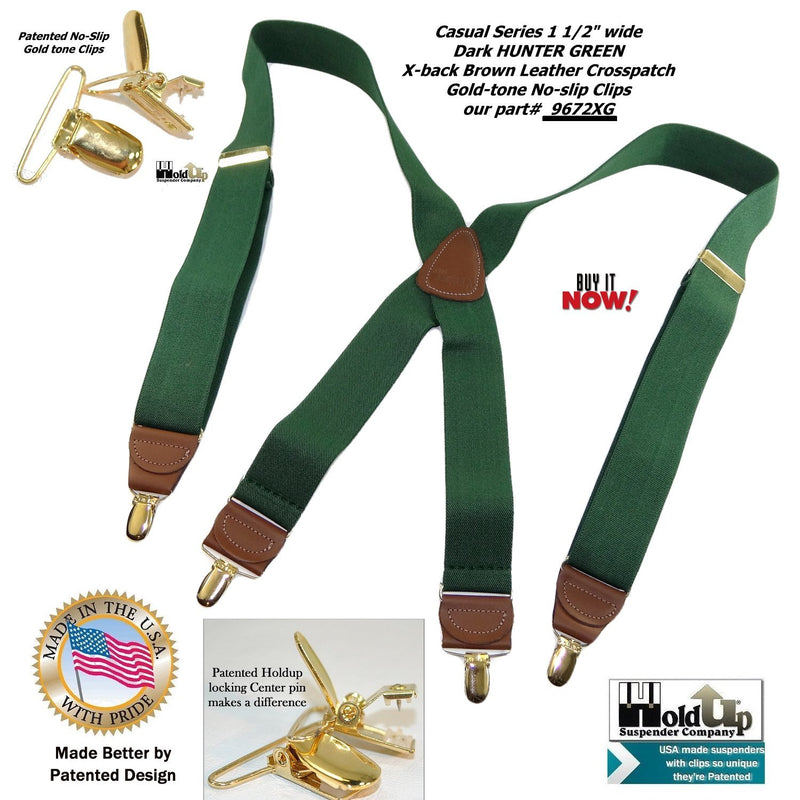 [Australia] - Holdup Suspender Company's Dark Hunter Green Men's Clip-On Suspenders with X-Back Style and Gold No-slip Clips 