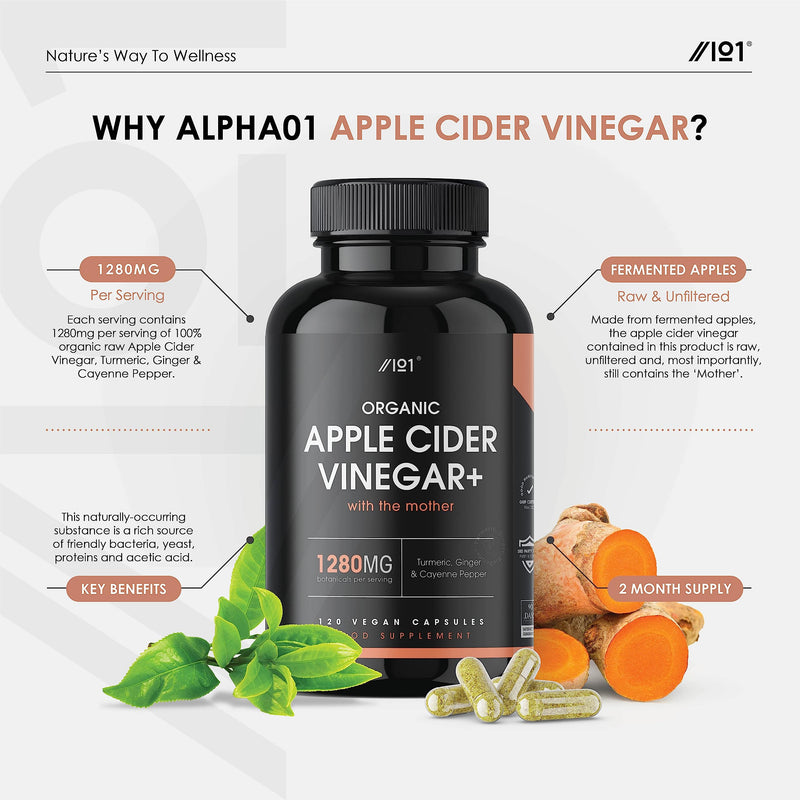 [Australia] - Organic Apple Cider Vinegar 1280mg - with Turmeric, Ginger & Cayenne Pepper - Raw Unfiltered with The Mother, Keto Diet, 120 Vegan Capsules 120 Count (Pack of 1) 