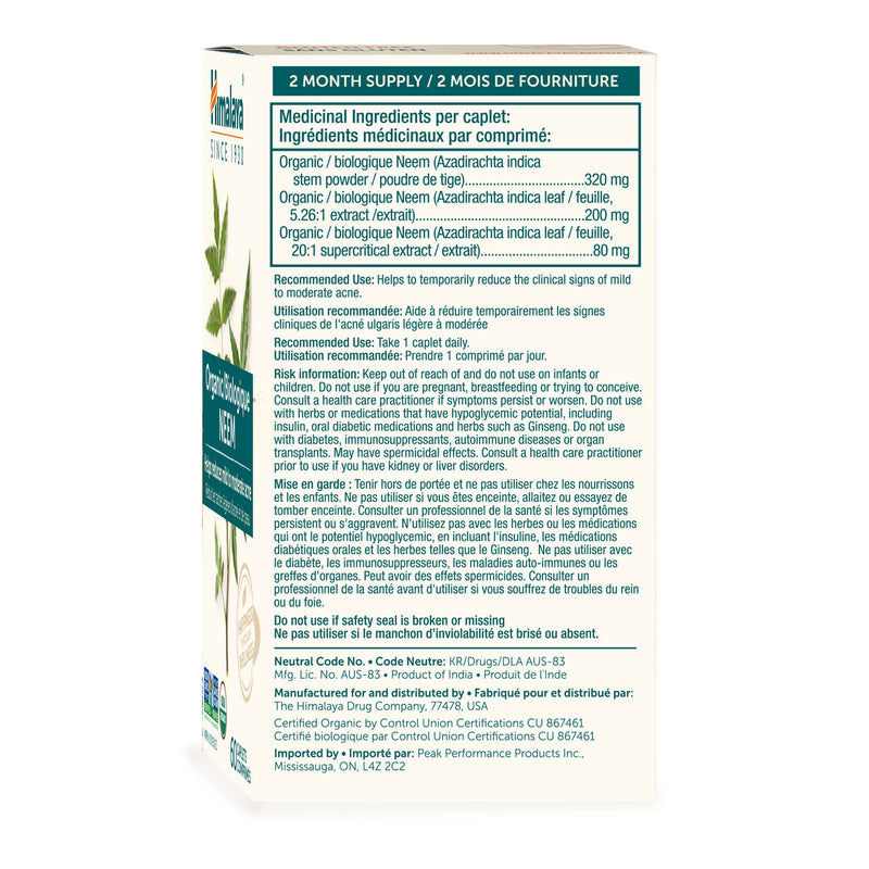 [Australia] - Himalaya Organic Neem, Mild Acne Relief for Clear, Smooth & Radiant Looking Skin, 600 mg, 60 Caplets, 2 Month Supply 