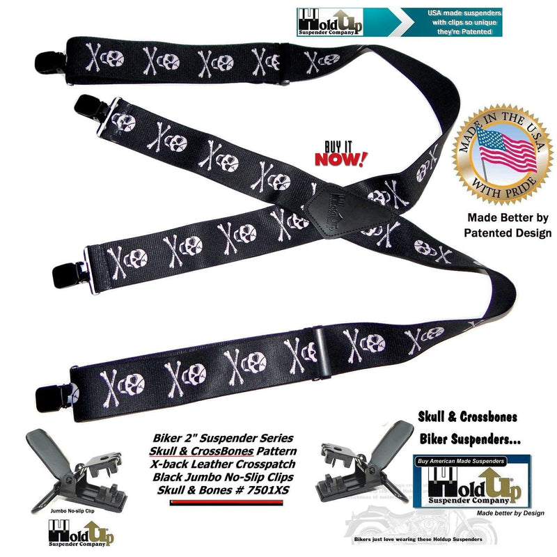[Australia] - Holdup Brand Skull & Crossbones pattern X-back Biker Suspenders with Jumbo No-slip Clips 