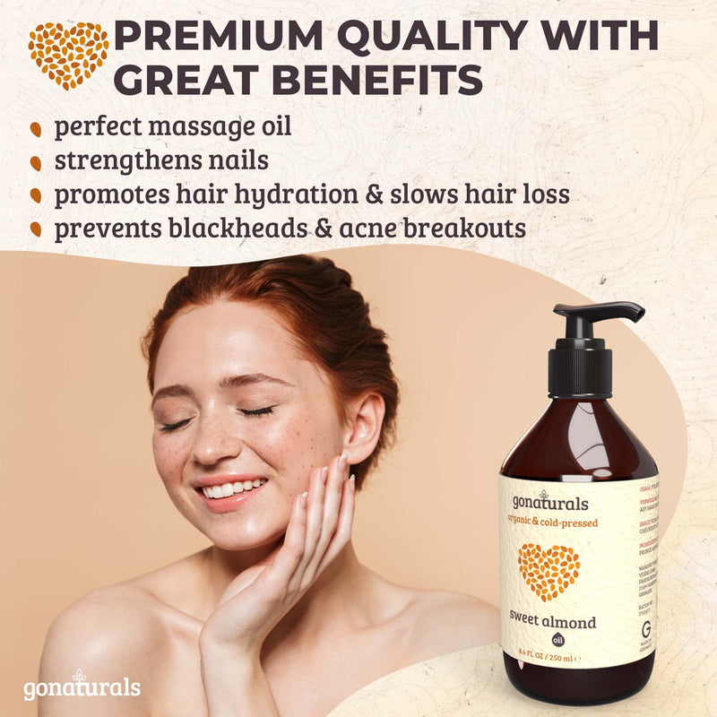 [Australia] - GoNaturals Organic Sweet Almond Oil - Organic Almond Oil: Effective Almond Oil For Skin & Hair Growth Oil - Ideal Sweet Almond Oil For Skin With Body Oil For Dry Skin - Almond Massage Oil, 250ml 
