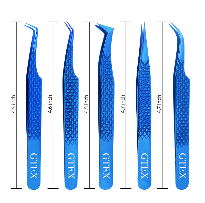 [Australia] - GTEX Lash Eyelash Extension Tweezers Set of 5, Japanese Stainless Steel Tools Straight Curved 45 90 Degree Angled Tip, Volume Tweezers Precision (Blue) Blue 