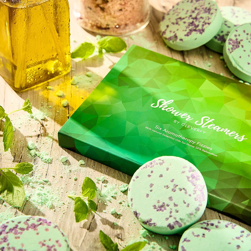 [Australia] - Cleverfy Shower Steamers Aromatherapy - Pack of 6 Shower Bombs for Sinus Relief and Refreshing Shower - Pamper Gifts for Women and Men. Green Set: Menthol & Eucalyptus Essential Oils 