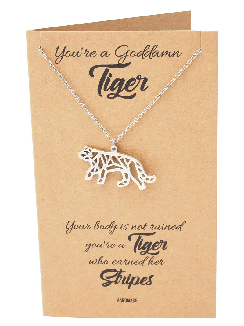 [Australia] - Quan Jewelry Geometric Origami Tiger Necklace, Nature Animal Tiger Stripes Pendant Charm, New Moms New Dads Everyday Necklace Gift, Silver Tone with Motivation Card - 100% Handmade & Unique 