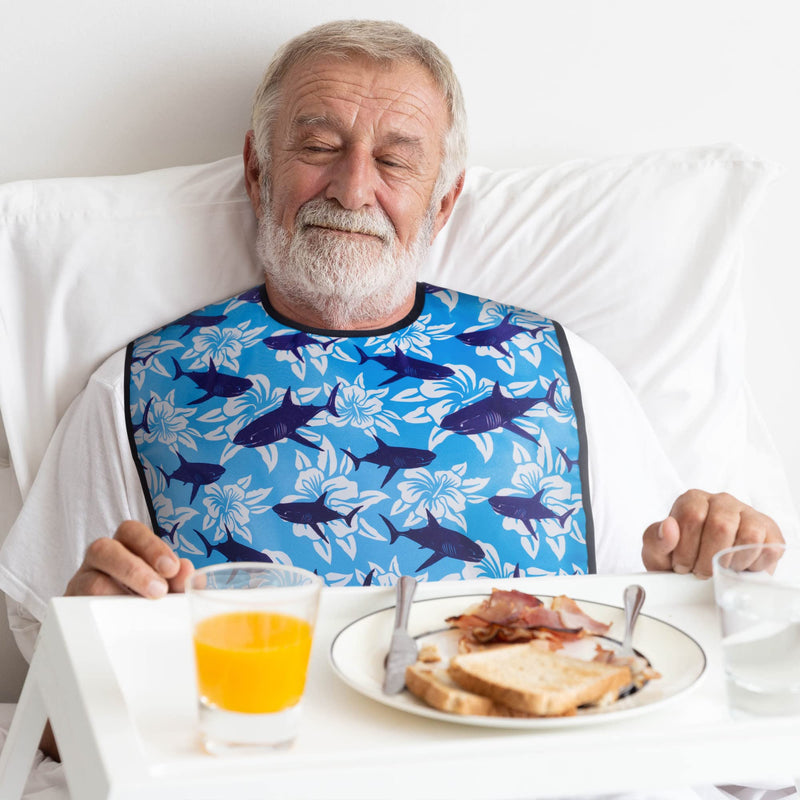 [Australia] - Adult Bibs for Eating: Reusable Adult Size Bib for Men and Women - Washable Clothing Protector with Crumb Catcher Pocket - Hawaiian Shark Edition 