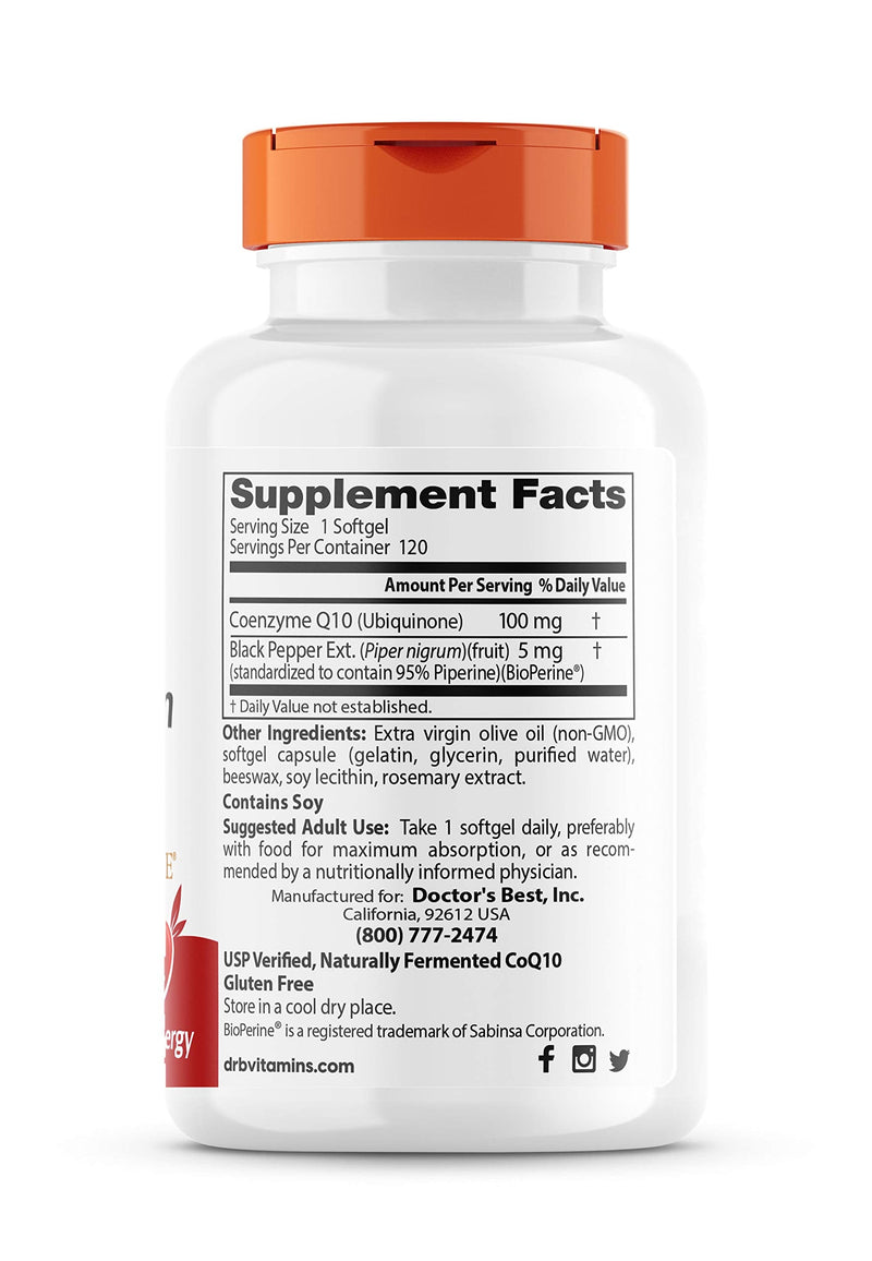 [Australia] - Doctor's Best High Absorption CoQ10 with BioPerine, Gluten Free, Naturally Fermented, Heart Health, Energy Production, 100 mg, 120 Count 