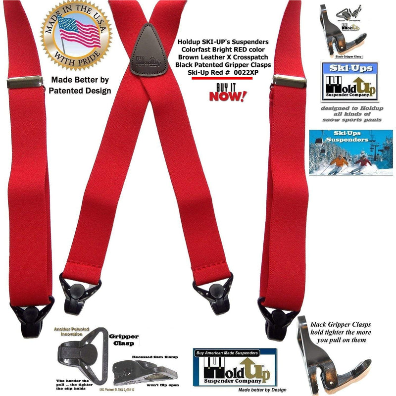 [Australia] - USA Made HoldUp Brand Ski-Ups series bright RED X-back Suspenders with Patented Black Gripper Clasps in 1 1/2" width 