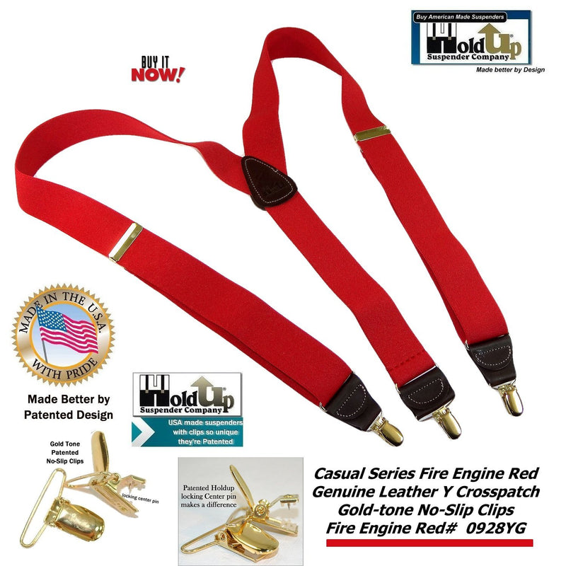 [Australia] - Holdup Y-back Fire Engine bright Red Casual Series Suspenders with Patented Gold-tone No-slip Clips 