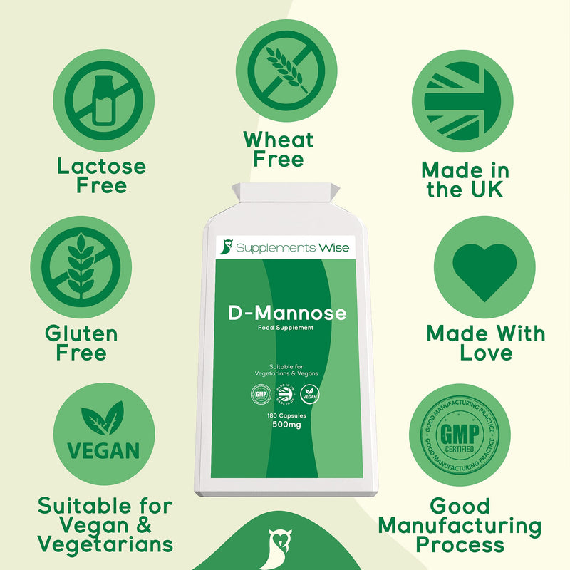 [Australia] - Supplements Wise D-Mannose Capsules - 500mg x 180 - Cystitis Treatment for Women and Men - Urinary Tract, UTI and Bladder Support - 1500mg Dmannose Powder Per Serving - Water Infection Relief 180 Count (Pack of 1) 