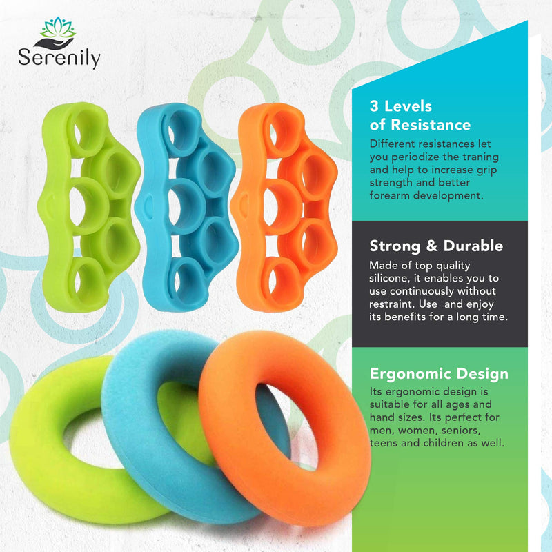 [Australia] - Serenily Hand Grip Strength Trainer - Finger Exerciser for Forearm Workout. 6 Pack Hand Grip Strengthener, Finger Stretcher for Carpal Tunnel, Arthritis, Wrist Pain, Physical Therapy & Stress Relief 