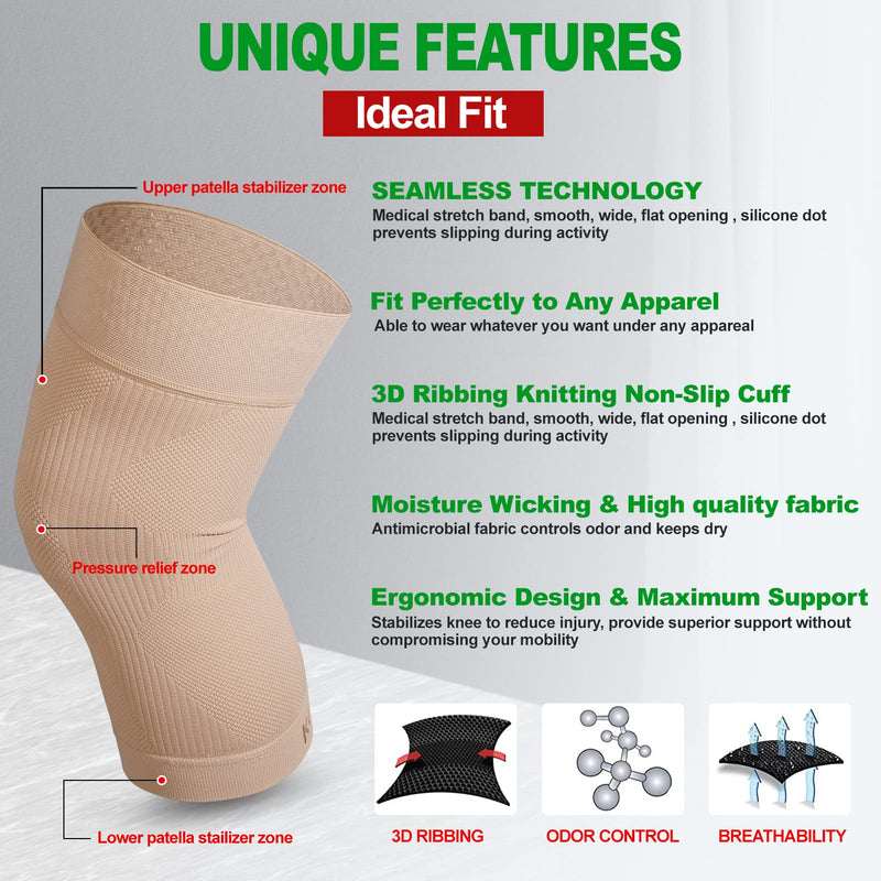 [Australia] - KEKING® Knee Compression Sleeves, Premium Knee Brace for Men Women, Knee Support for Joint Pain, Arthritis Relief, Meniscus Tear, Injury Recovery, Swelling, ACL, MCL, Workout, Running, Sport, Beige L Large 
