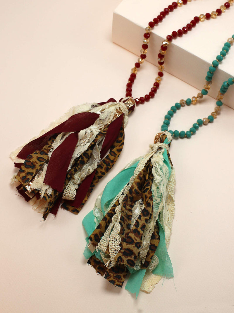 [Australia] - Miracle Collection Boho Handmade Knotted Glass with Leopard Fringe Statement Tassel Vintage Long Necklace NATURAL 