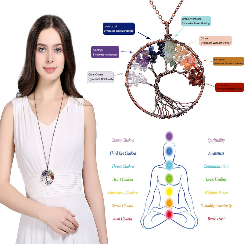 [Australia] - sedmart Tree of Life Pendant Amethyst Rose Crystal Necklace Gemstone Chakra Jewelry Curved tree&Copper 