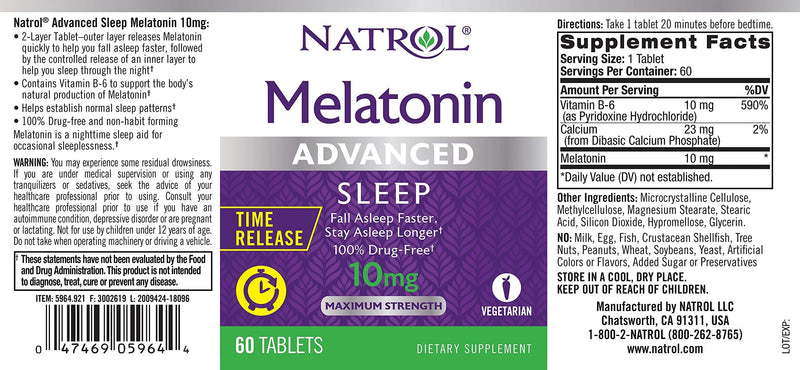 [Australia] - Natrol Melatonin Advanced Sleep Tablets with Vitamin B6, Helps You Fall Asleep Faster, Stay Asleep Longer, 2-Layer Controlled Release, 100% Drug-Free, 10mg, 60 Count Time Released 60 Count (Pack of 1) 