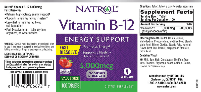 [Australia] - Natrol Vitamin B12 Fast Dissolve Tablets, Promotes Energy, Supports a Healthy Nervous System, Maximum Strength, Strawberry Flavor, 5,000mcg, 100 Count Vitamin B-12 100 Count (Pack of 1) 