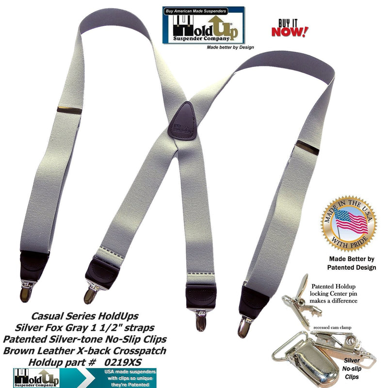 [Australia] - HoldUp Brand Silver Fox Gray X-back Suspenders are 1 1/2" Wide with patented No-slip Silver-tone Clips 