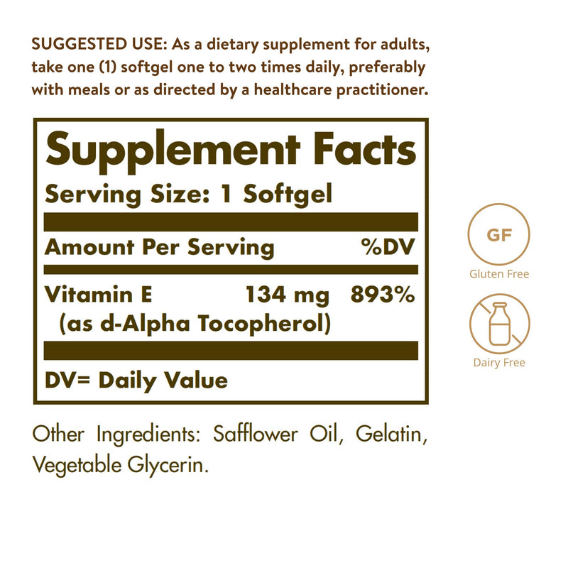 [Australia] - Solgar Vitamin E 200 IU Alpha, 100 Softgels - Antioxidant, Healthy Aging, Healthy Skin, Immune System Support - Natural Source Vitamin E - Gluten Free, Dairy Free - 100 Servings 