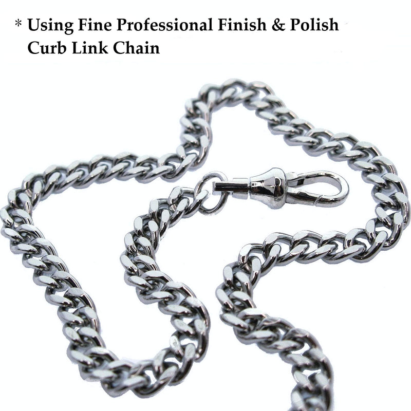 [Australia] - WATCHVSHOP Albert Chain Silver Tone Fine Polish Pocket Watch Chain Vest Chain with Bullet Design Fob on Drop T Bar Swivel Clasp AC152A 