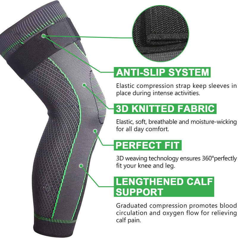 [Australia] - beister 1 Pair Compression Leg Sleeves with Elastic straps for Men & Women, Extra Long Leg Braces Knee Sleeve for Basketball, Football, Knee Pain, Working Out, Joint Pain, Arthritis, Running, ACL Green-updated Medium (1 Pair) 