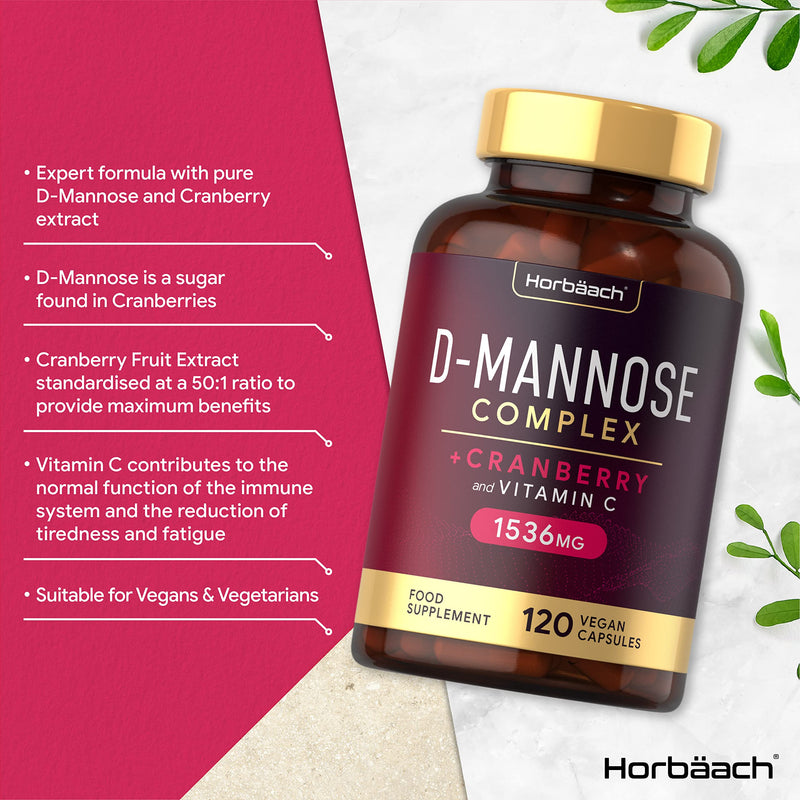 [Australia] - D-Mannose and Cranberry Capsules | 1536mg | Urinary Tract Infection (UTI) Relief | + Vitamin C | 120 Vegan Capsules | No Artificial Preservatives | by Horbaach 