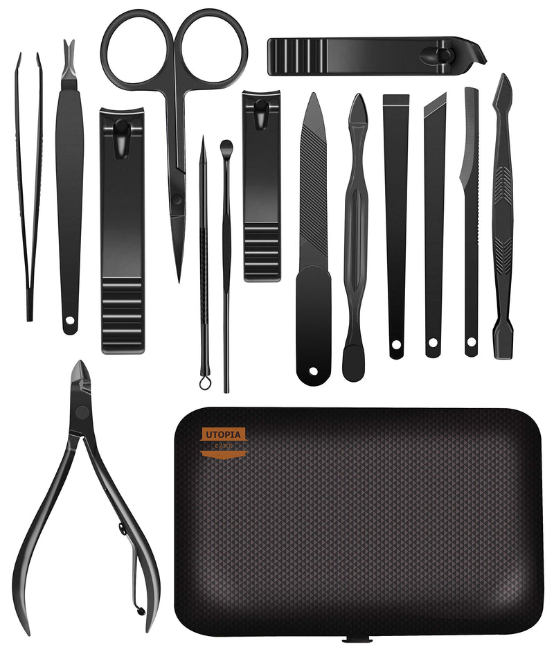 [Australia] - 15-Piece Manicure Set for Women Men Nail Clippers Stainless Steel Manicure Kit - Portable Travel Grooming Kit - Facial, Cuticle and Nail Care Black 