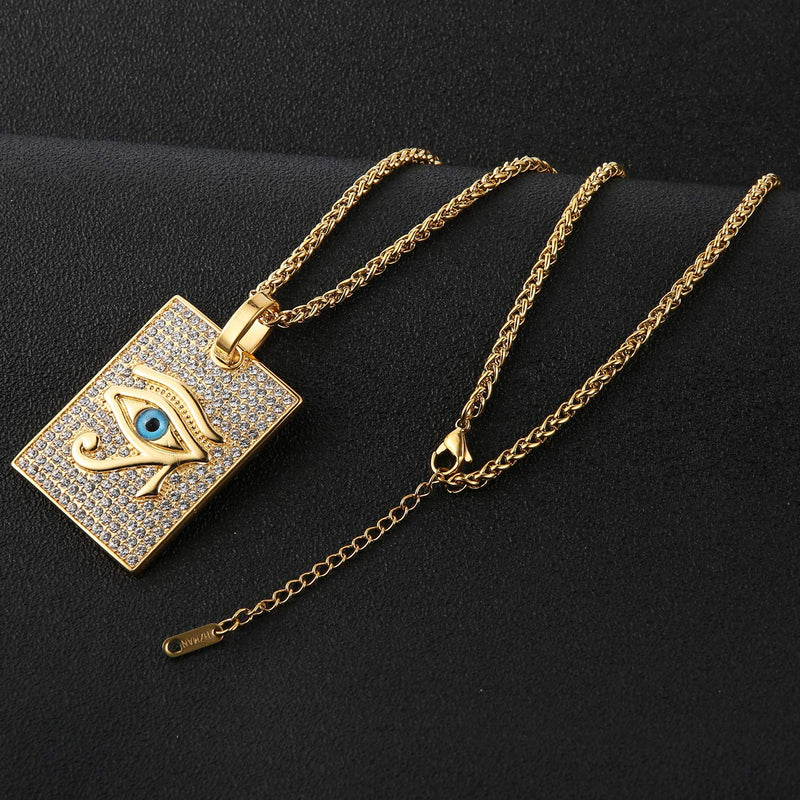 [Australia] - HZMAN 18k Gold Plated Iced Out Eye of Horus Egypt Protection Cross Dog Tag Pendant Stainless steel Necklace Dog Tag - Blue 