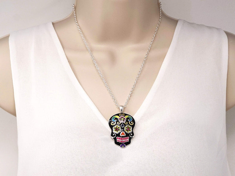 [Australia] - Elosee Sugar Skull Hand Painted Pendant 18" Necklace & Matching Earrings Black 