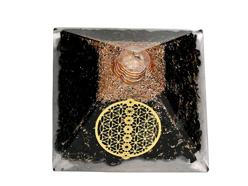 [Australia] - Large Orgone Pyramid | Black Tourmaline Pyramid Crystal | Chakra Flower of Life Orgonite Pyramid | Organ Pyramids Positive Energy Healing Flower of Life - 7 Chakra 