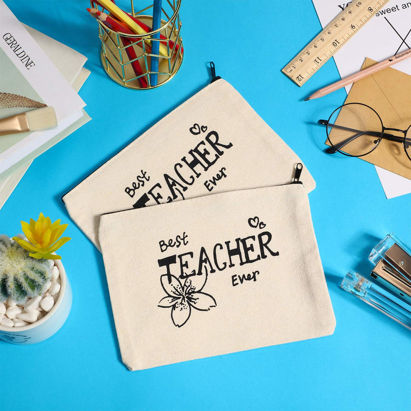 [Australia] - 12 Pieces Teacher Makeup Pouch Canvas Cosmestic Bag with Zipper Cosmetic Purse Travel Toiletry Case Pencil Bag for Teacher Appreciation Gift (Heart and Flower Pattern) Heart and Flower Pattern 