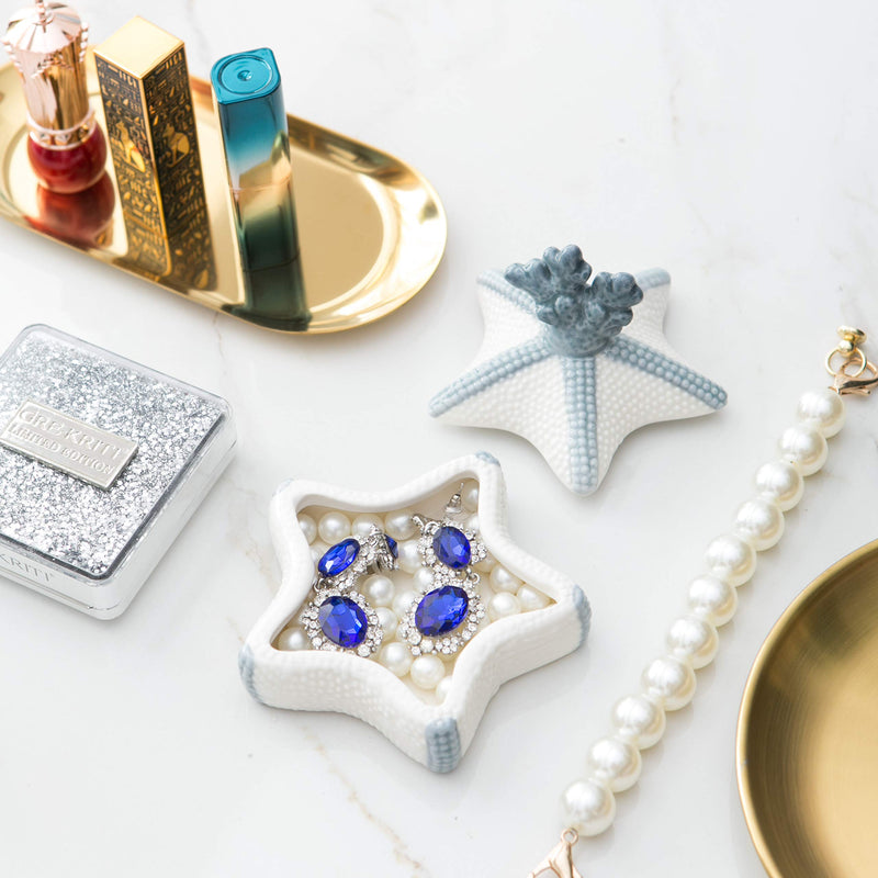 [Australia] - Starfish Ceramic Jewelry Case Trinket Ring Holder Jewelry Box with Removable Lid Wedding Anniversary, Birthday, Bridal Gift, for Bathroom, Dresser, Night Stand (Ocean Wind Style, Starfish) 