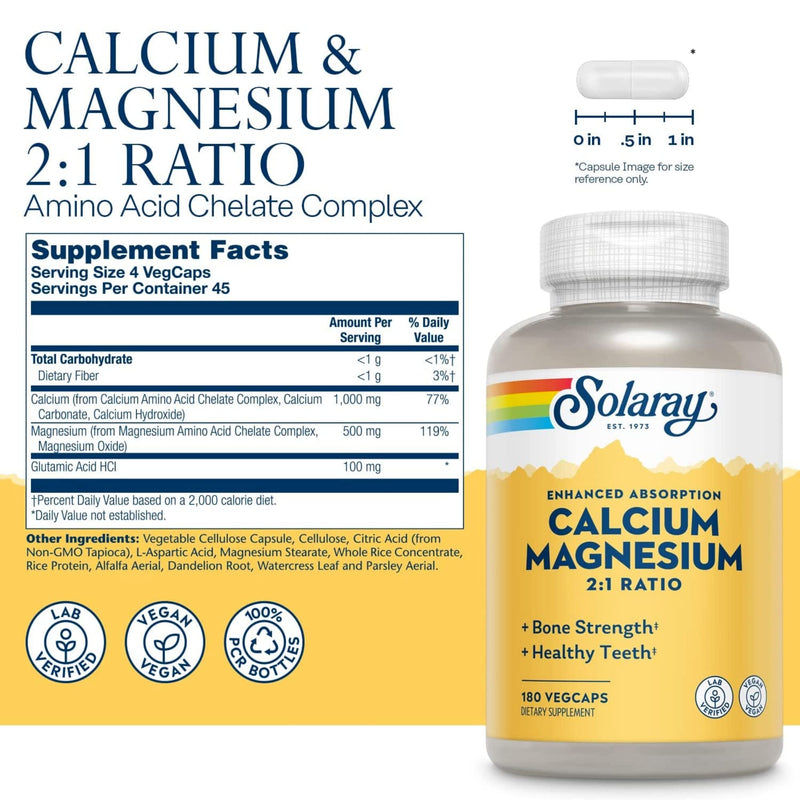 [Australia] - Solaray Enhanced Absorption Calcium Magnesium - 180 VegCaps - 2:1 Ratio - Supports Bone Strength & Healthy Teeth - Vegan 