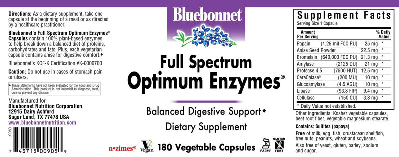 [Australia] - BlueBonnet Full Spectrum Optimum Enzymes Vegetarian Capsules, 180 Count 