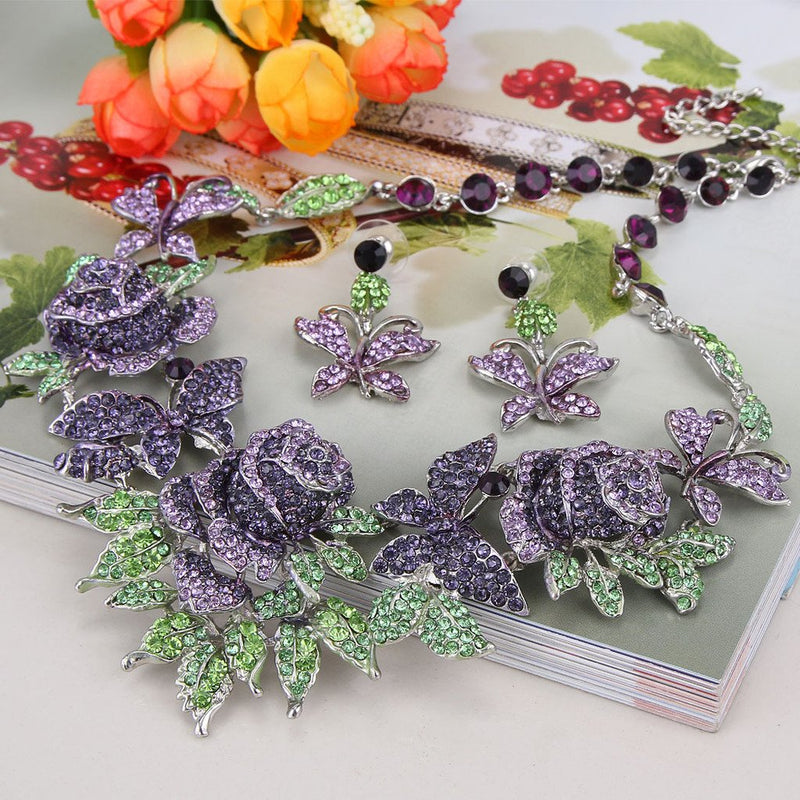 [Australia] - EVER FAITH Austrian Crystal Enamel Butterfly Rose Flower Leaf Necklace Earrings Set Purple Silver-Tone 