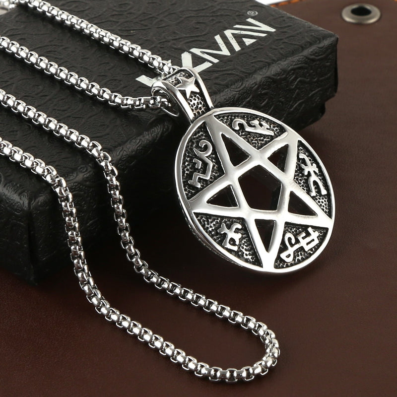 [Australia] - HZMAN Supernatural Devils Trap Symbol Sigil Stainless Steel Pendant Necklace Pentagram Anti Possession Silver 