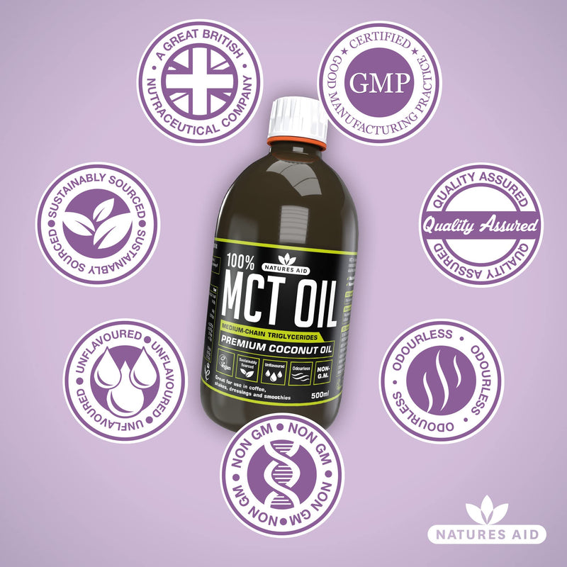 [Australia] - Natures Aid 100 Percent MCT Oil, Premium Coconut Oil, Sustainably Sourced, Add to Coffees or Shakes, Vegan, 500 ml 