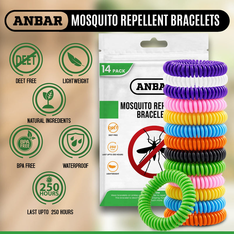 [Australia] - Anbar Mosquito Repellent Bracelets Bands for Adults and Kids, 14 Pack, All-Natural Deet-Free, Non-Toxic Protection, Stretchy Waterproof Anti-Mosquito Wristbands for Hiking and Camping 