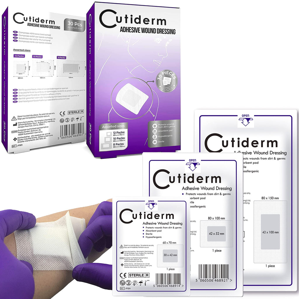 [Australia] - Pack of 30 Cutiderm Assorted Adhesive Sterile Wound Dressings Suitable for cuts and grazes, Diabetic Leg ulcers, venous Leg ulcers, Small Pressure sores 