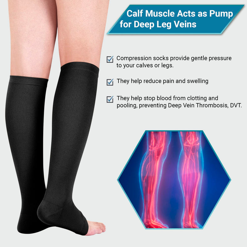 [Australia] - Open Toe Medical Compression Socks for Women & Men Flight Running Pregnancy Travel Work Varicose Veins S/M/L/XL/XXL (2 Pair) with Laundry Bag (Large - X Large) Large - X Large 