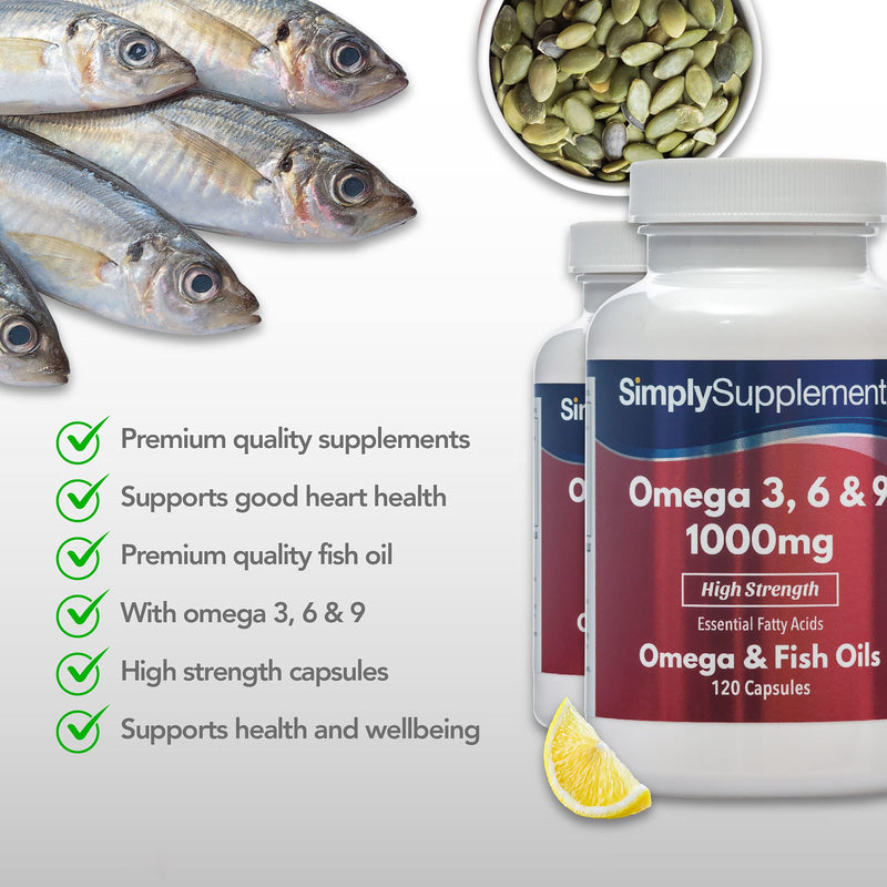 [Australia] - Omega 3 6 9 Fish Oil Capsules | Supplement Providing Fish Oil, Flaxseed Oil & Sunflower Oil | Contains ALA, EPA & DHA | 2 x 120 High Strength 1000mg Capsules | UK Manufactured 