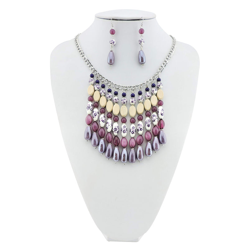 [Australia] - FIRSTMEET Ceramic beads folk-custom collar necklace with earrings Purple 