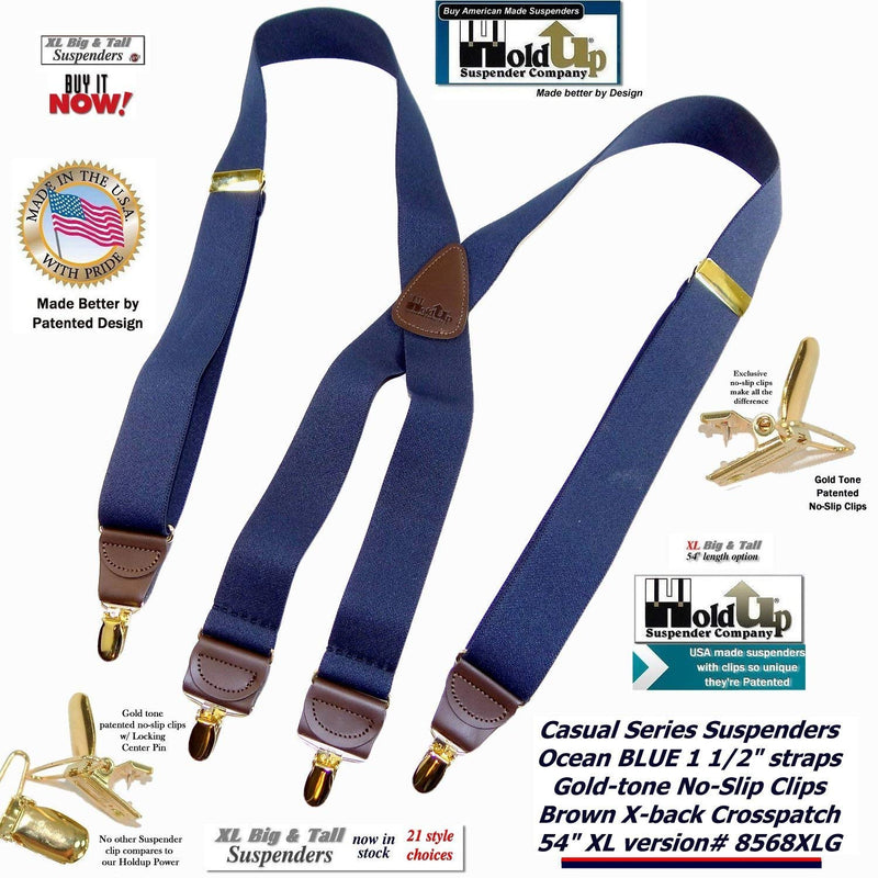 [Australia] - HoldUp Brand XL Dark Ocean Blue X-back suspenders for big and Tall men with gold tone no-slip patented clips 