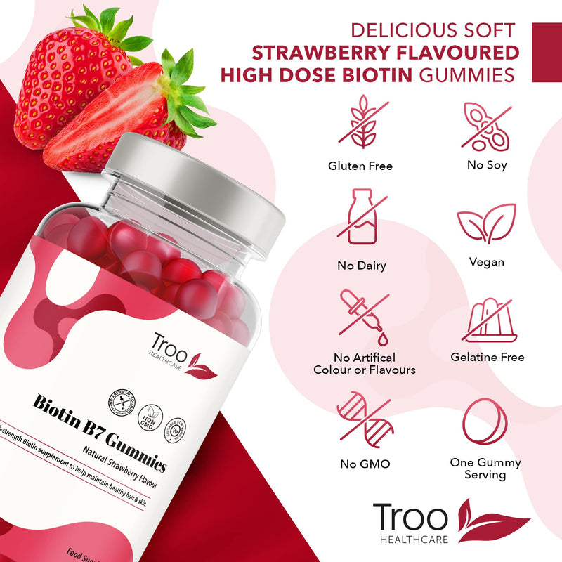 [Australia] - Biotin 5000mcg Hair, Skin and Nail Growth Support Gummy Supplement - 150 Natural Strawberry Flavour Chewable Gummies - 5 Months Supply � Vegan Friendly � For Men and Women 