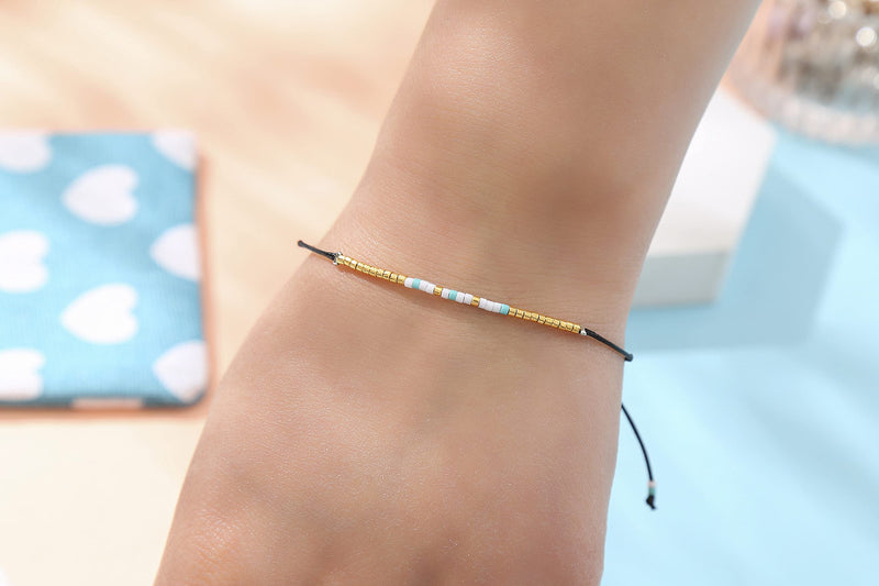 [Australia] - RareLove BFF Morse Code Beaded Bracelet Long Distance Relationships Friendship Gifts for Best Friends Waterproof Gold Blue White Tiny Pony Seed Beads Black String 