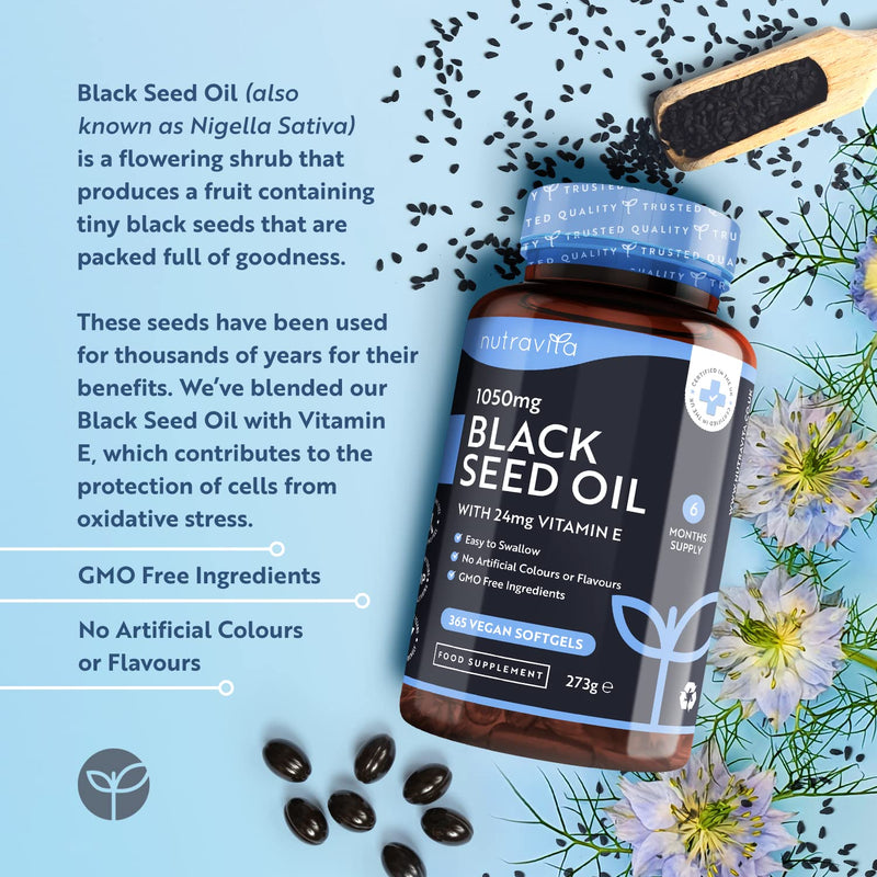 [Australia] - High Strength Black Seed Oil Capsule Enhanced with Vitamin E - 365 Vegan Capsules - Cold Pressed Nigella Sativa Producing Pure Black Cumin Seed Oil - 6 Month Supply - Made in The UK by Nutravita 