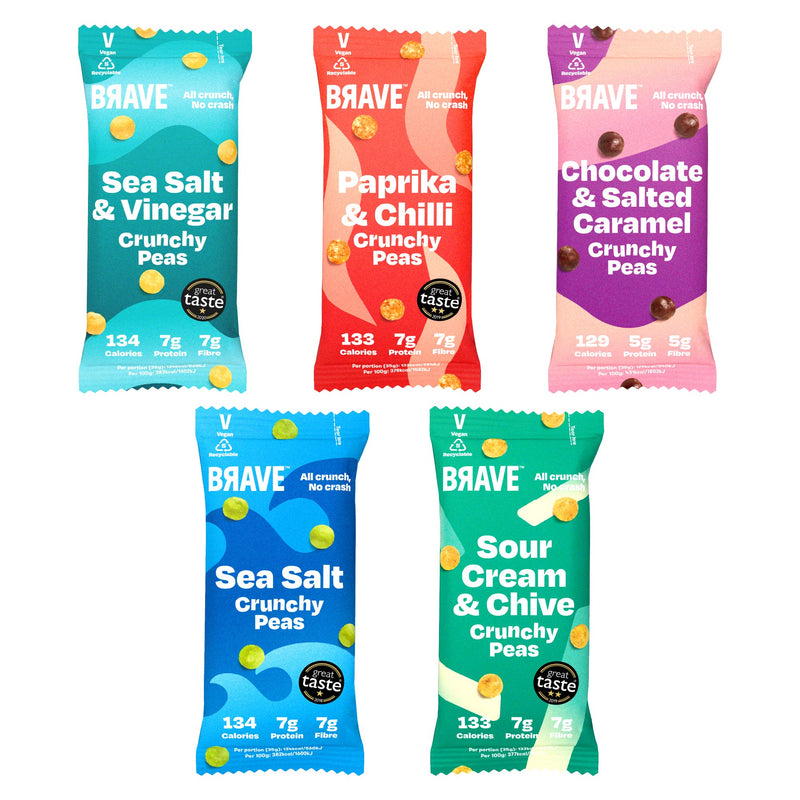 [Australia] - BRAVE Roasted Peas: Chocolate & Salted Caramel - Delicious Healthy Snacks - Vegan, Dairy-free - Source of Plant Protein & Fibre - Lower Sugar - Plant-based - Box of 12 packs (30g each) 
