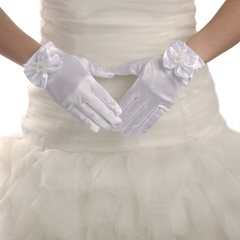 [Australia] - Lusiyu Girl Solid Child Size Wrist Length Formal Glove with Bow White 