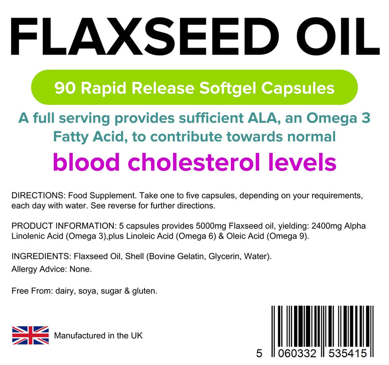 [Australia] - Lindens Flaxseed Oil 1000mg - 90 Capsules - Source of Omega 3 6 9 | UK Made | High in Alpha Linoleic Acid (ALA) | Maintenance of Normal Blood Cholesterol Levels | Fish Oil Alternative 90 Count (Pack of 1) 